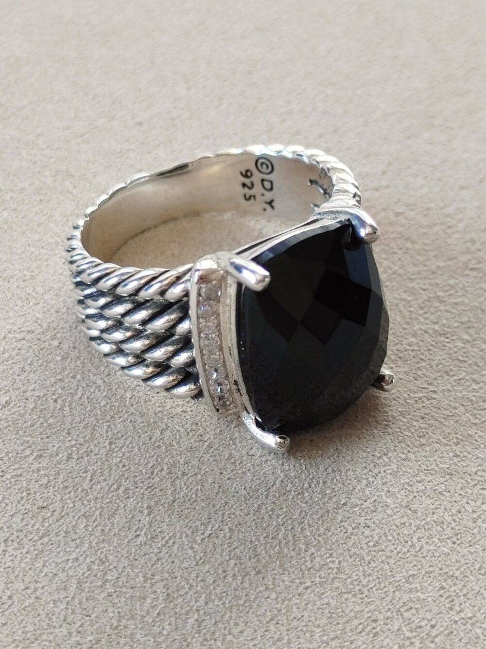 David Yurman Wheaton 925 Sterling silver Ring faceted Onyx & Diamond size 9